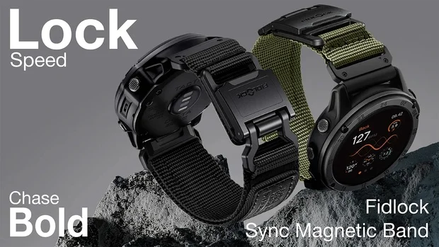 Premium nylon fabric Garmin watch bands featuring Fidlock magnetic buckle systems on a rugged rock background.