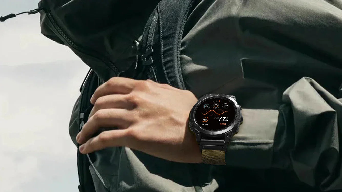 A close-up of a rugged Garmin watch fitted with a durable nylon Garmin watch band designed for harsh outdoor environments.