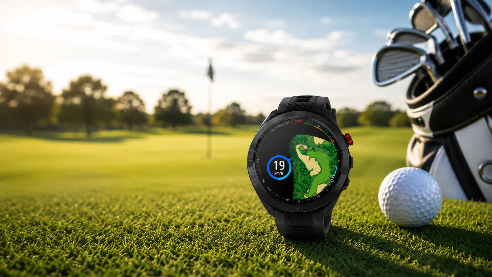 A premium Garmin Approach S70 golf smart watch displaying a green view map on a sunny golf course next to a golf ball and clubs.