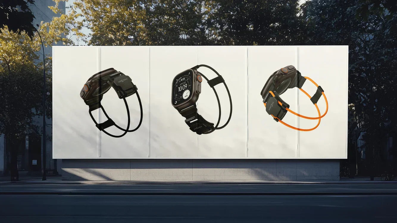 An outdoor urban billboard displaying three views of the unique Bandletic Arc Apple Watch band for summer, highlighting its minimalist aesthetics.